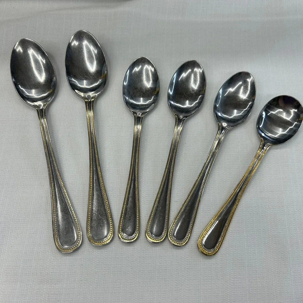 6 pc International Silver Royal Bead Gold Soup Tea Spoons Stainless Gold Trim